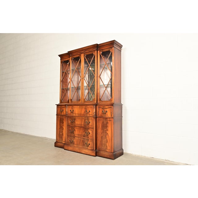 English Baker Furniture Style Regency Flame Mahogany Lighted Breakfront Bookcase Cabinet With Drop Front Secretary Desk, Circa 1940s For Sale - Image 3 of 16