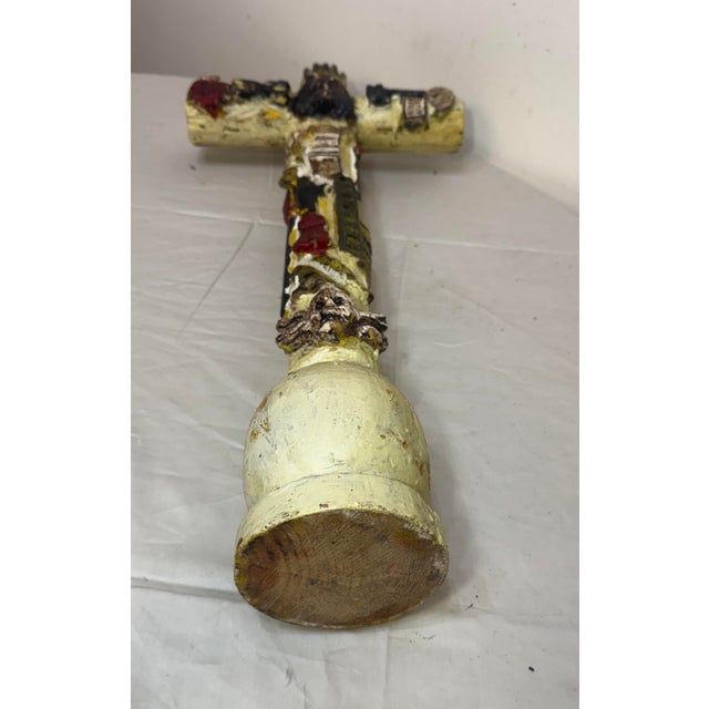 Large 1700's Antique Polychromed Carved Folk Art Wood Religious Crucifix Cross For Sale - Image 16 of 18