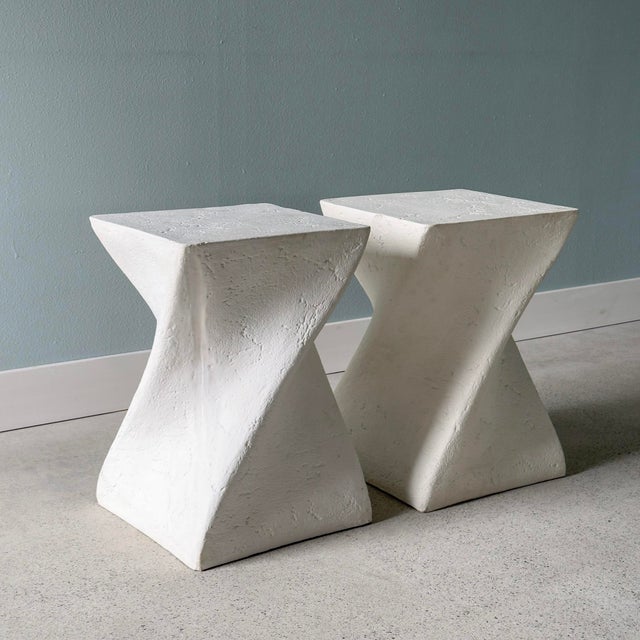 Vintage twist-form sculptural plaster pedestals. Sirmos and John Dickinson-inspired pieces; circa 1980s. Great for plants,...