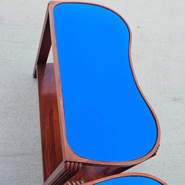 Pair of 1930s Art Deco Cobalt Blue Mirror Glass Tops Lamp Side Tables For Sale - Image 4 of 12
