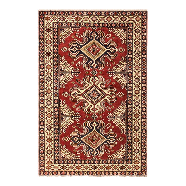 Bohemian Super Kazak Red/Beige Wool Rug - 4'1'' X 6'0'' For Sale