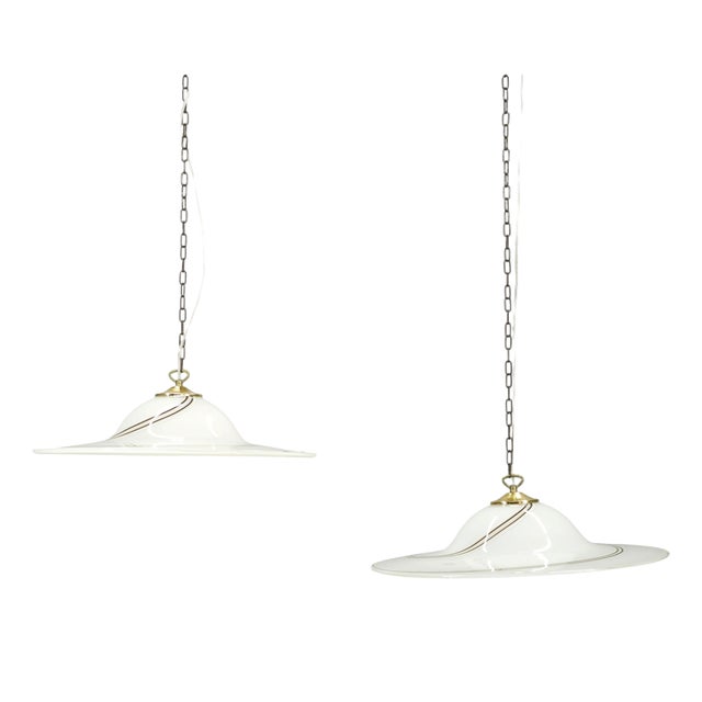 Italian Opaline Murano Glass and Brass Pendant Lights, 1970s, Set of 2 For Sale