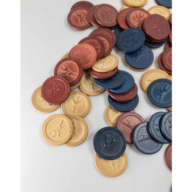 American Mid-Century American Clay Embossed Horse and Jockey Poker Chips in Red White and Blue For Sale - Image 3 of 8