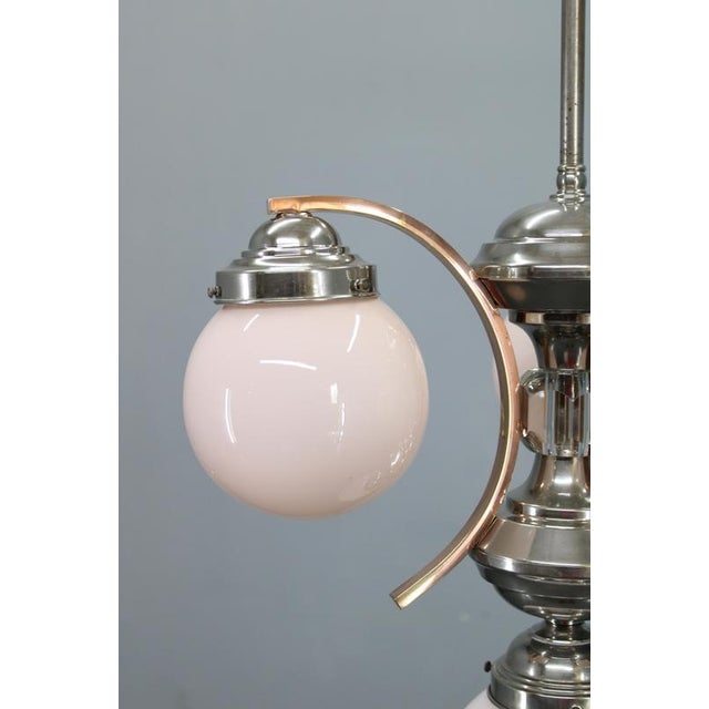 1930s Czech Art Deco Nickel Chandelier with Rose Opaline Glass Globes, 1930s For Sale - Image 5 of 15