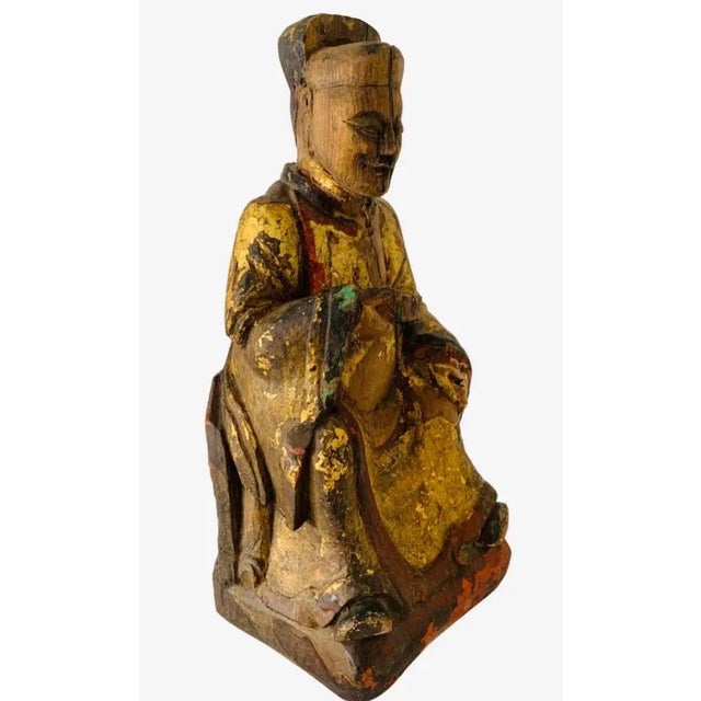 Antique Chinese Giltwood Scholar Figure – Ming/Qing Dynasty Rare Hand-Carved Wooden Statue with Gold Gilding – Circa...