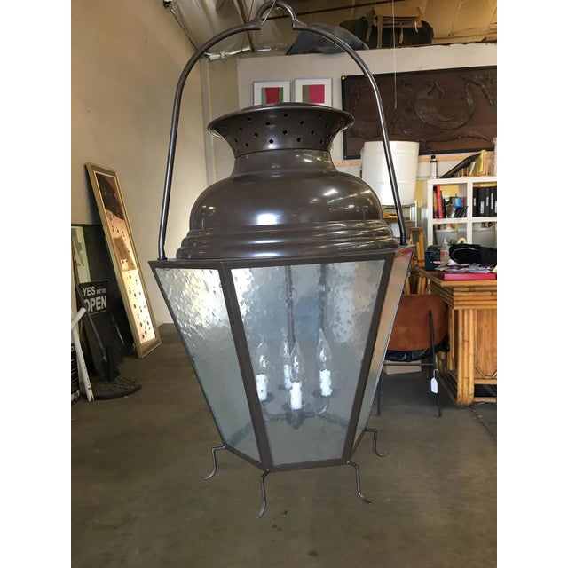 Large Octagon Bronze 4 Light Lantern Chandelier W/ Handle For Sale - Image 9 of 11