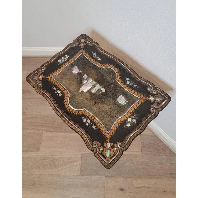 Wood 19th Century Victorian Chinoiserie Japanned Mother of Pearl Ebonized Tilt-Top Side Table / Candle Stand For Sale - Image 7 of 11