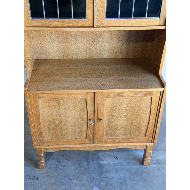 Brown Vintage Danish Oak Hutch Cabinet in Style of Henning Kjærnulf Leaded Glass Bookcase For Sale - Image 8 of 8