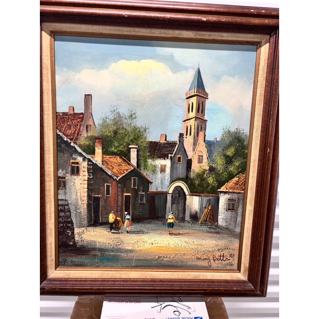 This Vintage Framed Oil Painting Is Signed "Mary Botto" and Depicts a Charming European Village Street Scene With Old-World Stone Buildings. For Sale In Miami - Image 6 of 12
