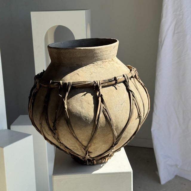 Large Light Grey Terracotta Pot with Brown Rattan Handles and Crossbars, 1960s For Sale - Image 4 of 7