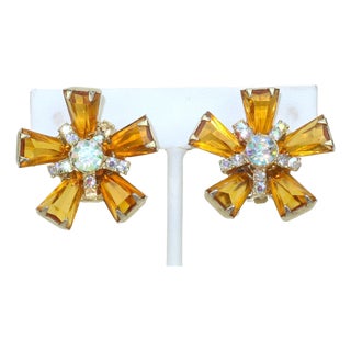 1960's Amber Crystal & Rhinestone Starburst Earrings For Sale