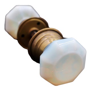 Antique Wide Shank Iridescent Milk Glass Door Knob Set For Sale