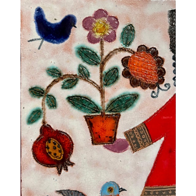 Irene Awret, Girl & Plants Enamel Glazed Ceramic Plaque Israeli Artist Awret Naive Folk Art For Sale - Image 4 of 8