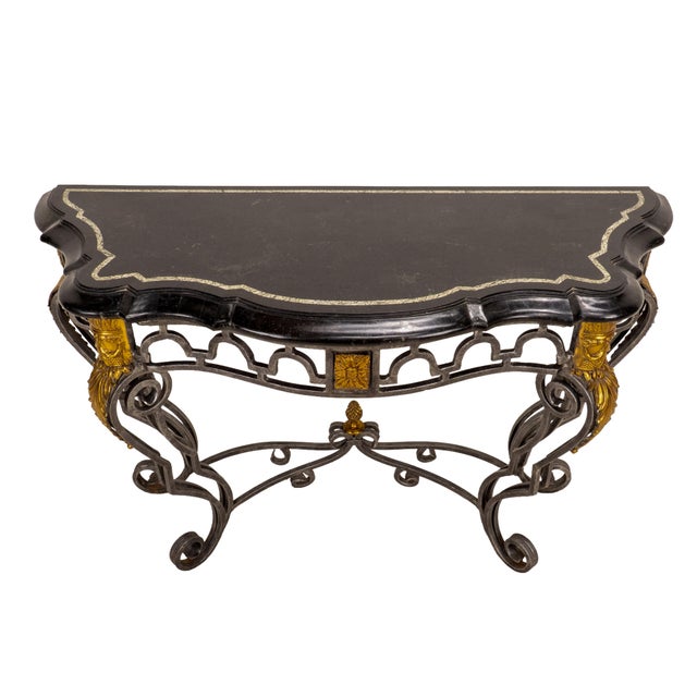 French 1980s Maitland Smith Tessellated Marble Console Table Wrought Iron Brass French Louis XV Style For Sale - Image 3 of 16