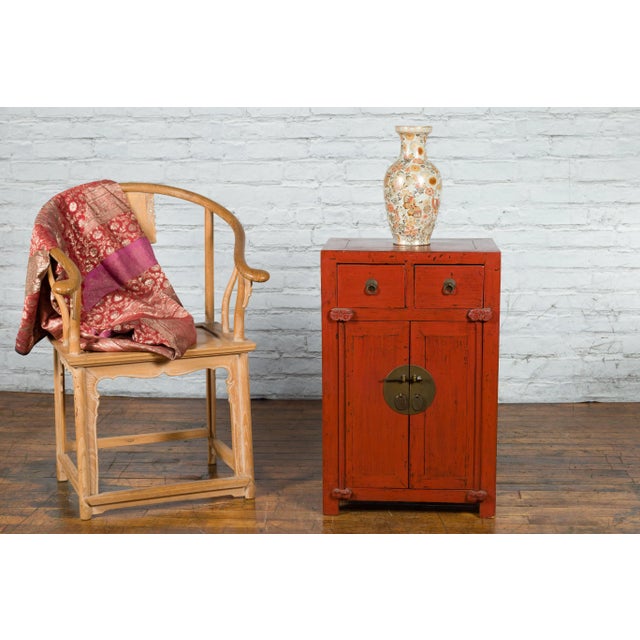 19th Century Qing Dynasty Red Lacquer Small Cabinet with Doors & Drawers For Sale - Image 12 of 13