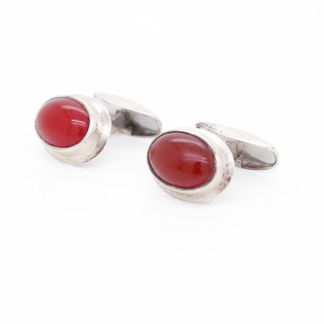 Mid-Century Scandinavian Modern 830 Silver & Carnelian Cabochon Cufflinks For Sale - Image 4 of 8