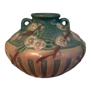 Vintage 1930s Roseville Pottery Cherry Blossom Jardiniere Vase in Pink & Green