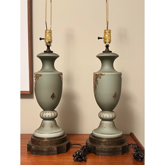 1930s 1930s Victorian Neoclassical Celadon Glass Table Lamps With Gold Accents and Detailed Filigree Ormolu Bases, a Pair For Sale - Image 5 of 11