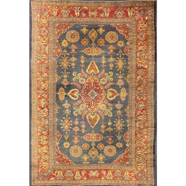 Antique Zeigler Sultanabad Rug With Medallion Design in Blue & Rust Red For Sale - Image 13 of 13