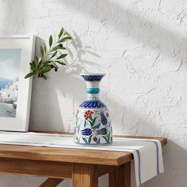Ceramic Handmade Ceramic “Bell” Vase (20cm) – Blue Tulips & Red Neck Ring – Traditional Bell Form For Sale - Image 7 of 9