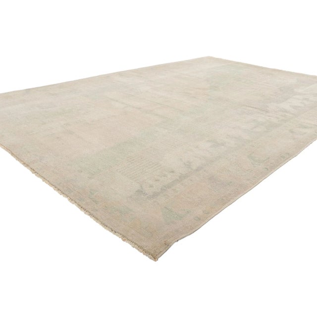 52470 Vintage Turkish Oushak Landscape Pictorial War Rug with Amish Shaker Style 05'05 x 08'02. Displaying a subtle color...