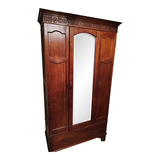 Antique Oak Wardrobe With Mirror For Sale