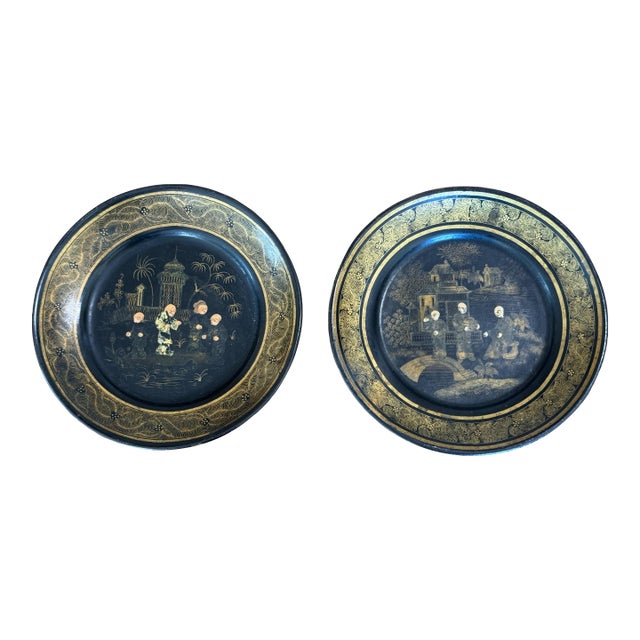 Pair of Papier Mache Chinoiserie Wine Coasters For Sale