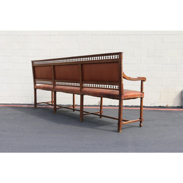 Brown Early 20th Century Spanish Colonial Style Carved Wood and Tooled Leather Long Bench For Sale - Image 8 of 18