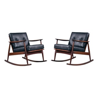 Pair of Restored Moreddi 1950's Danish Teak Rocking Chairs in Black Leather For Sale