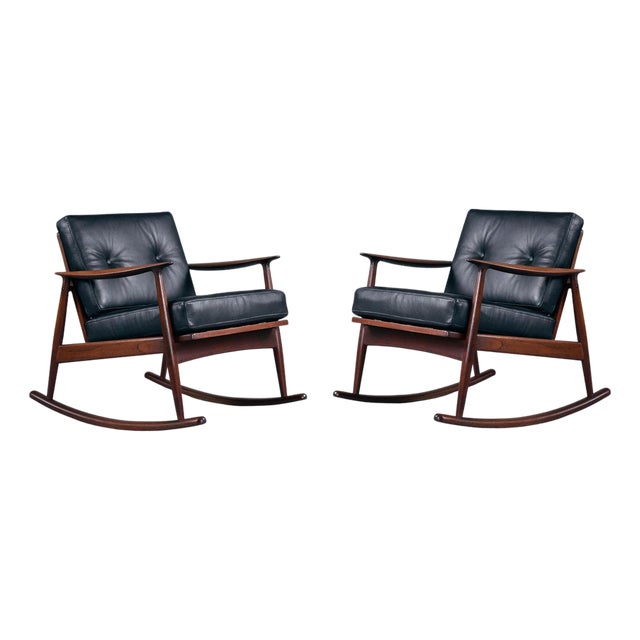 Pair of Restored Moreddi 1950's Danish Teak Rocking Chairs in Black Leather For Sale