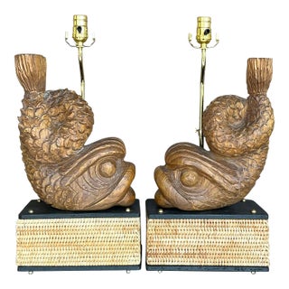 Late 20th Century Vintage Hand Carved Dolphin Lamps - a Pair For Sale