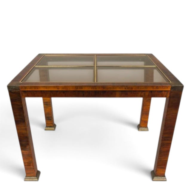 Wood Rare 1970s Hollywood Regency Flamed Burl Wood, Copper, Brass, and Glass 4-Piece Table Set For Sale - Image 7 of 12