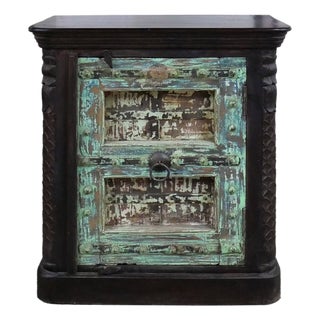 1920s Distressed Green Farmhouse Storage Cabinet | Rustic Hand Carved Solid Wood Nightstand Dresser |Reclaimed Antique Door Entryway Console Table For Sale