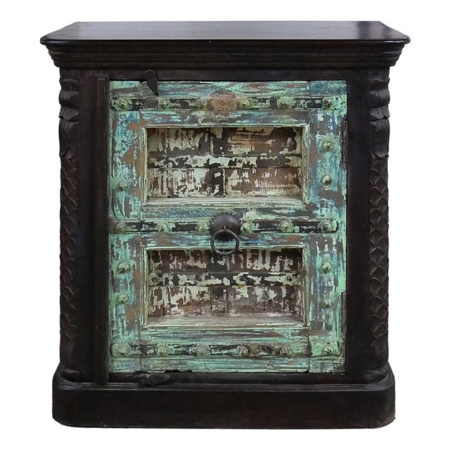 1920s Distressed Green Farmhouse Storage Cabinet | Rustic Hand Carved Solid Wood Nightstand Dresser |Reclaimed Antique Door Entryway Console Table For Sale