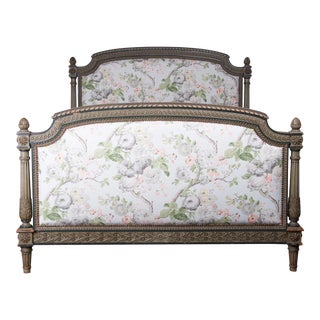 Antique French Marie Antoinette Style Painted Fullsize Bedframe W/ Floral Linen For Sale