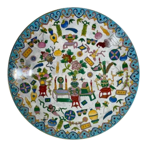 Large Chinese Qing Dynasty Polychrome Enamel Bronze Cloisonne Charger