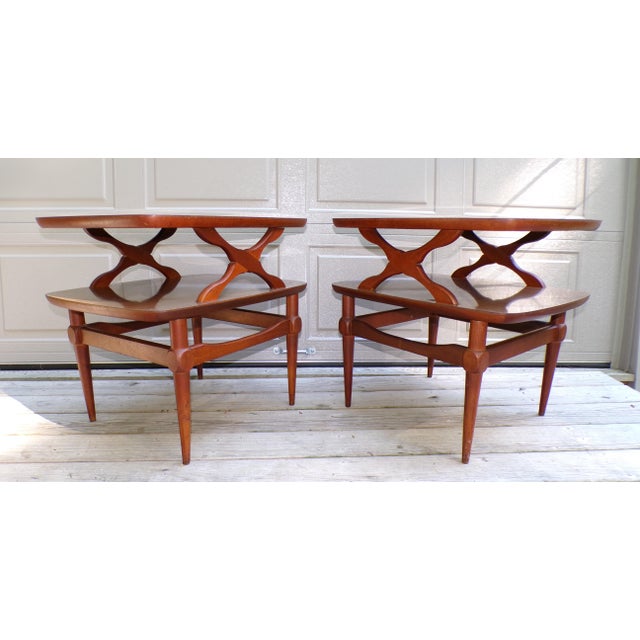 Vintage Pair Reiss Mid Century Modern 2 Tier Tile Top Walnut Side Tables For Sale - Image 9 of 17