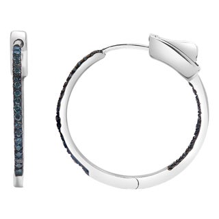 .925 Sterling Silver 1/3 Cttw Inside Out Blue Treated Diamond 1MM Wide Hoop Earrings (Blue Color, I2-I3 Clarity) For Sale