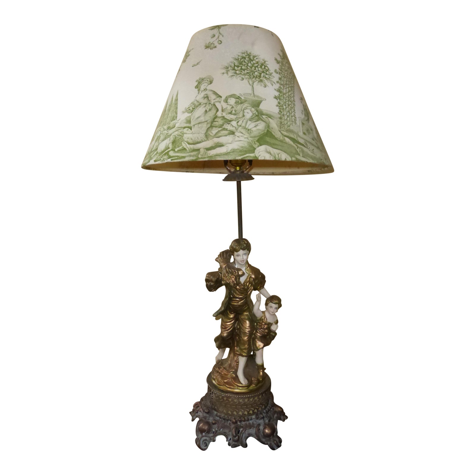 Vintage French Provincial Country Cottage Figure Table Lamp & Green
