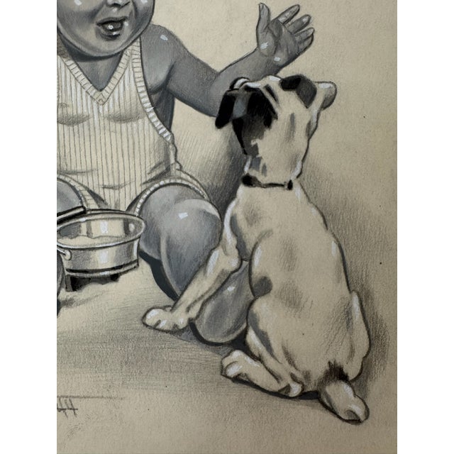 Illustration 1940s Original Signed Graphite Illustration of Baby Feeding Small Terrier Puppy, 8.75 × 7.25 In. For Sale - Image 3 of 6