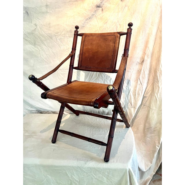 Pair of Faux Bamboo Folding Leather and Wood Campaign Chairs with Brass Details For Sale - Image 4 of 12
