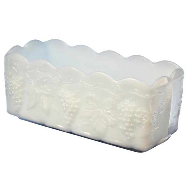 Vintage white milk glass rectangular planter or bowl with scallop rim and grape pattern. Marked “Anchor Hocking; Fire King...