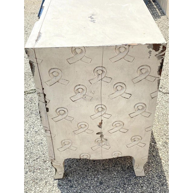 Late 20th Century Breast Cancer Awareness Ribbon 3 Drawer White Carved Wood Chest Nightstand For Sale In Philadelphia - Image 6 of 11