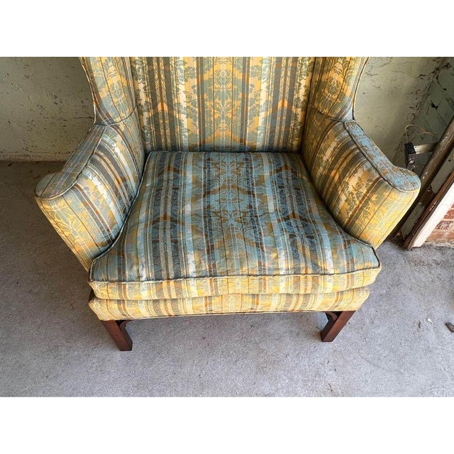 Mid 20th Century Vintage Kittinger Traditional Georgian Style Silk Upholstery Mahogany Wing Back ArmChair For Sale In Washington DC - Image 6 of 12
