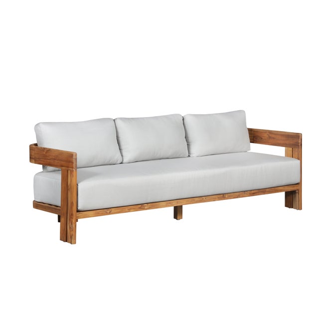 Paradiso Outdoor Solid Teak Wood Sofa - Light Gray Fabric For Sale - Image 11 of 12