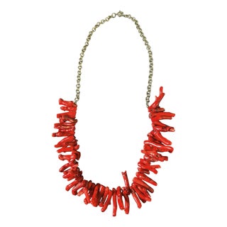 Vintage Natural Red Coral Branch Necklace W/Silver Chain For Sale