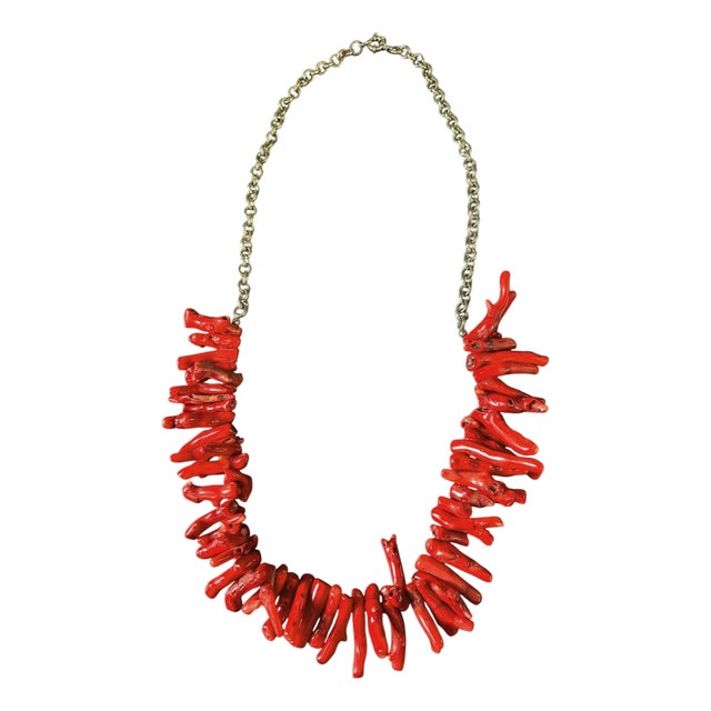 Vintage Natural Red Coral Branch Necklace W/Silver Chain For Sale
