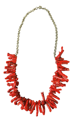 Vintage Natural Red Coral Branch Necklace W/Silver Chain