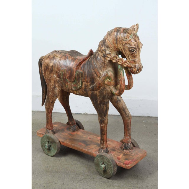 Pair of Monumental Indian Polychrome Carved Wood Horses on Wheels, 19th C. For Sale - Image 12 of 17