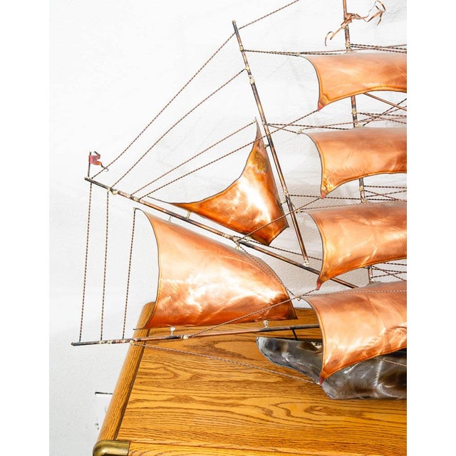 1960s Mid Century Modern Wall Hanging Original Art Torched Brass Ship Boat Metal Large For Sale - Image 5 of 12